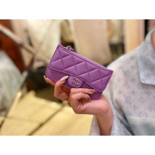 𝗖𝗛𝗔𝗘𝗡𝗟✦In exclusive channel special lambskin 🐑Classic zipper coin card case Taro purple💜