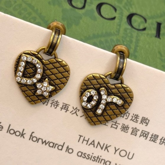 Dior Carved Letter Crystal Diamond Heart Stud Earrings