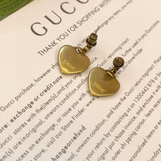 Dior Carved Letter Crystal Diamond Heart Stud Earrings