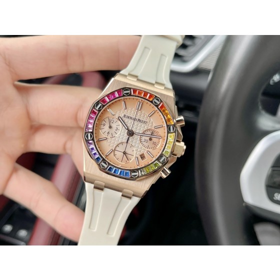 Audemars Piguet set with 32 baguette-cut sapphires in "rainbow colors"