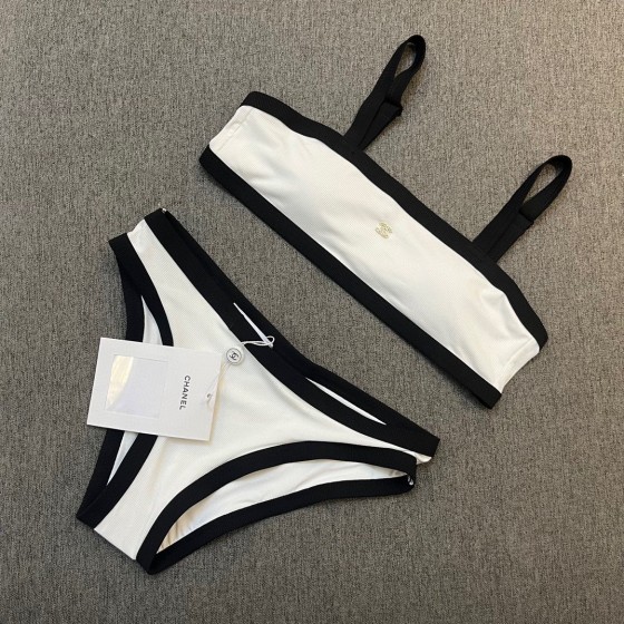 Chanel New Bikini Midi Set Petit Chanel Logo Wrap Tankini + Triangle Bottom Separate Swimsuit