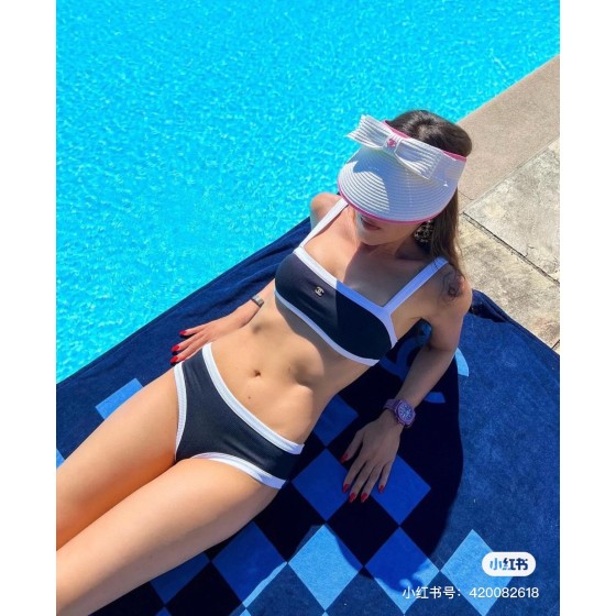 Chanel New Bikini Midi Set Petit Chanel Logo Wrap Tankini + Triangle Bottom Separate Swimsuit