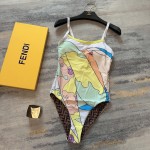 fend* new character girl hit color pattern double ff letter print cross halter strap one-piece swimsuit