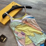 Fendi New character girl clash pattern double ff monogram print cross backless halter one piece swimming costume