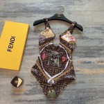 Fendi Versace co-branded f monogram chain print halter reversible one piece swimming costume