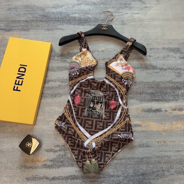 Fendi Versace co-branded f monogram chain print halter reversible one piece swimming costume