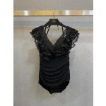 Saint Laurent Pure Black with Wave Lace One-piece Swimsuit