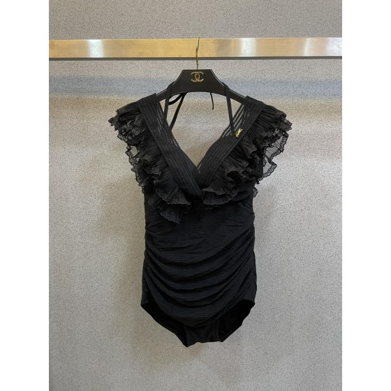 Saint Laurent Pure Black with Wave Lace One-piece Swimsuit