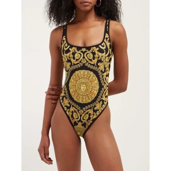 Versac* new court style European and American portrait sun flower pattern printing U-neck halter one-piece swimsuit