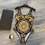 Versac* new court style European and American portrait sun flower pattern printing U-neck halter one-piece swimsuit