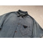 Prada…Triangle brand single-breasted washed light blue denim short-sleeved shirt jacket