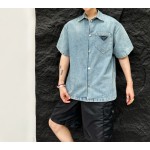 Prada…Triangle brand single-breasted washed light blue denim short-sleeved shirt jacket