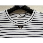 Prada...Navy Blue Stripes Iron Plate Round Neck Short Sleeves