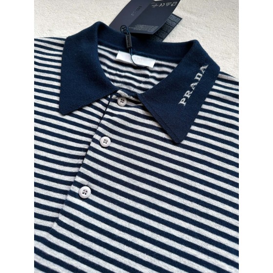 Prada new sports casual pinstriped knitted polo shirt