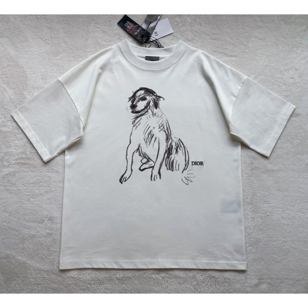 Dior sketch dog print round neck short sleeves