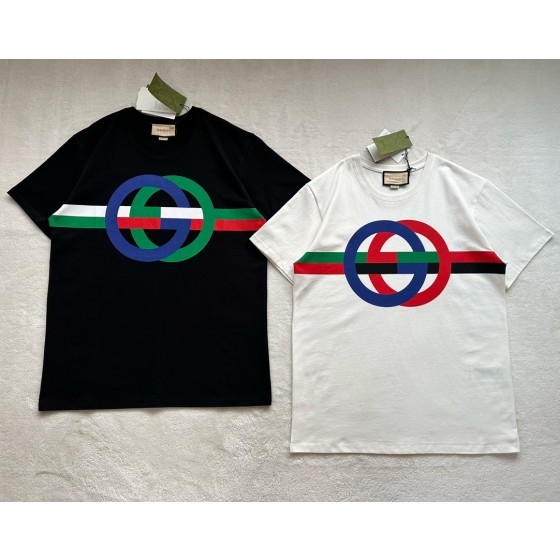 Gucci's new contrasting color circle printing round neck short sleeves: apricot white ➕ black