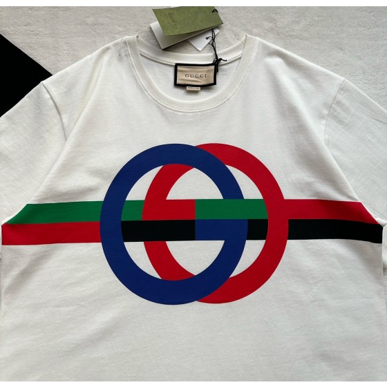 Gucci's new contrasting color circle printing round neck short sleeves: apricot white ➕ black