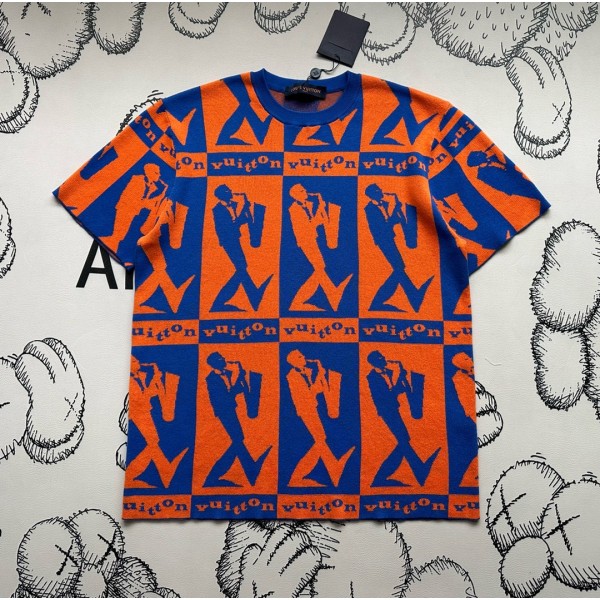 Louis Vuitton blue orange contrast color jazz wool knitted short-sleeved T