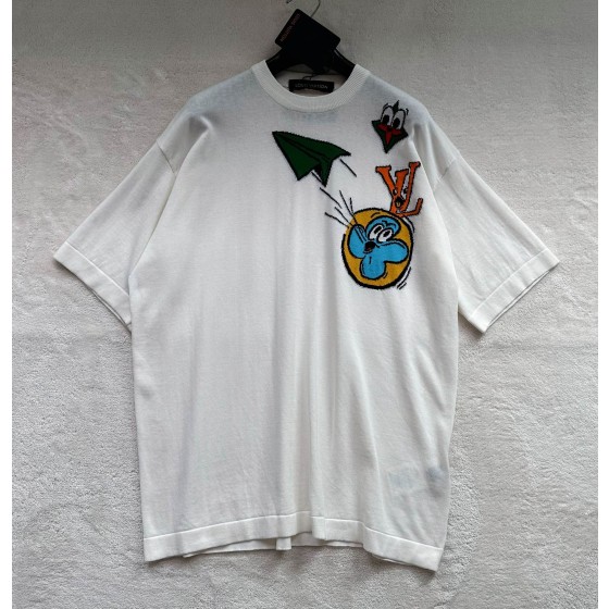 Louis Vuitton Contrasting Color Aircraft Jacquard Round Neck Knit Short Sleeves