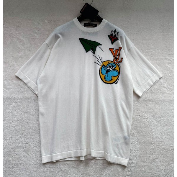 Louis Vuitton Contrasting Color Aircraft Jacquard Round Neck Knit Short Sleeves