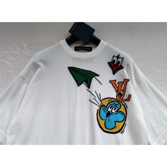 Louis Vuitton Contrasting Color Aircraft Jacquard Round Neck Knit Short Sleeves
