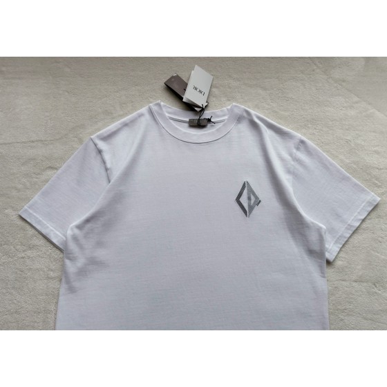 Dior CD geometric diamond embroidery    white short-sleeved T